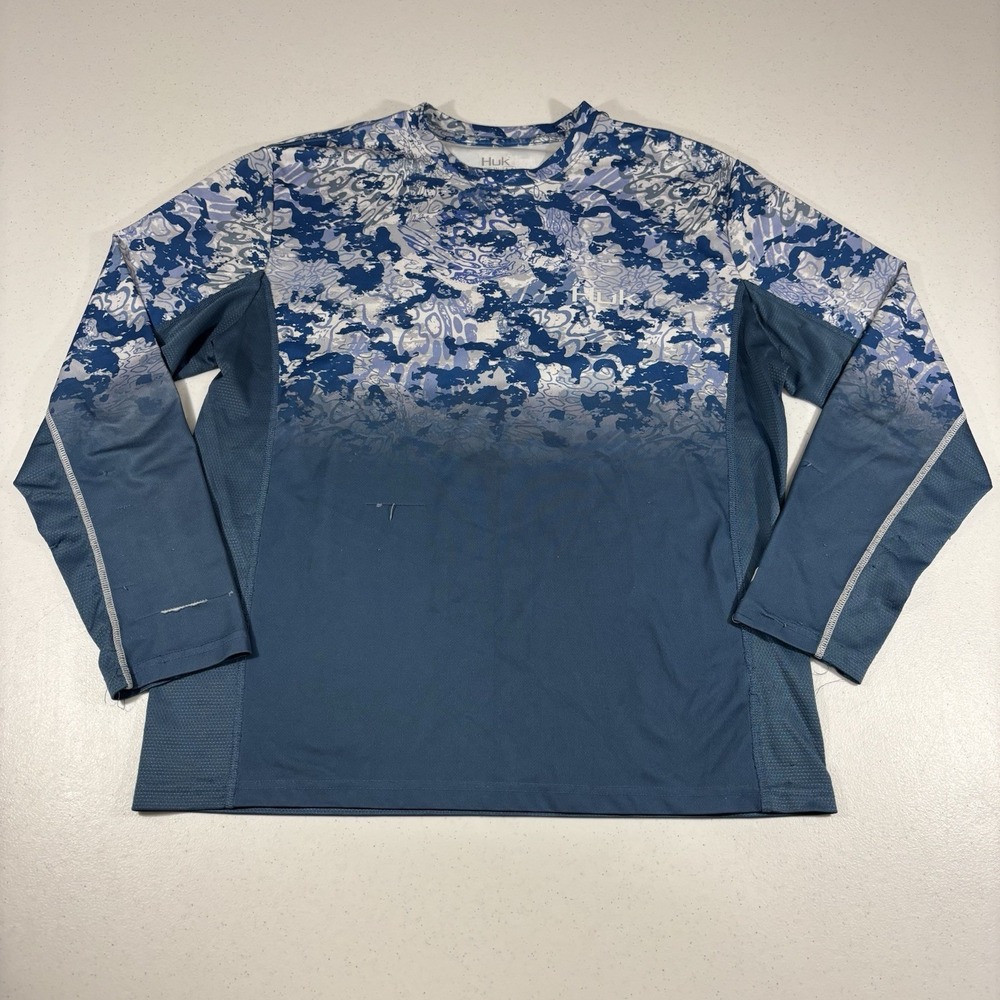 FLAWS! HUK Icon X Tide Change Fade Fishing Performance L/S Shirt Blue Size M